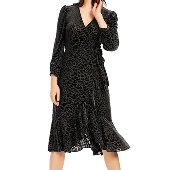 NWT - Calvin Klein - Black Burnout Animal Print Velvet Wrap Dress - Size 4 - Picture 2 of 9